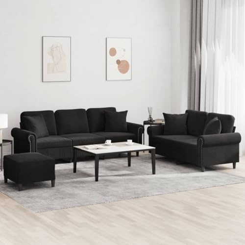 Fangmaliuyun 3tlg. Samt Sofagarnitur Schwarz Zweisitzer Dreisitzer mit Hocker 212 x 77 x 80 cm Modernes Design Robust & Bequem für Wohnzimmer Jugendzimmer Büro
