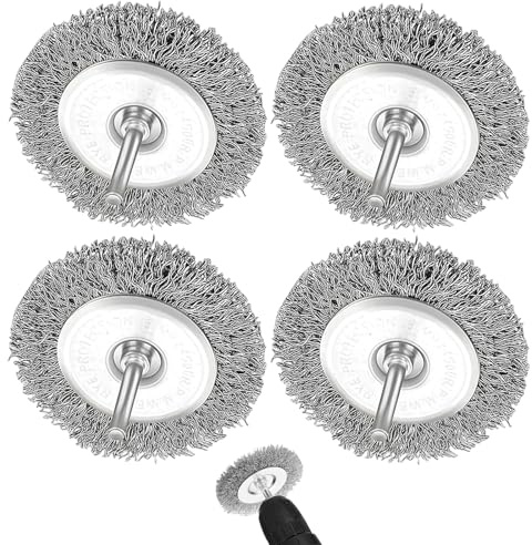 Oiieco Lot de 4 brosses métalliques rotatives pour perceuse, 100 mm, brosses en acier au carbone serties avec tige de 6 mm pour enlever la rouille, décapage de peinture et nettoyage de soudure