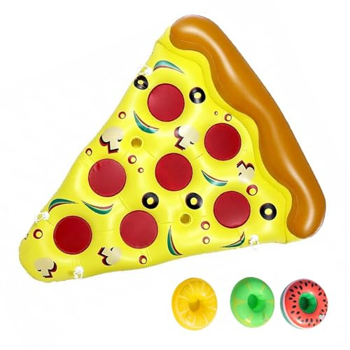 Giant Inflatable Pizza Slice Pool Float, Extra Large Summer Swim Party Raft for Adults & Kids, Beach Lake Floating Lounge Chair, Tropical Novelty Inflatable (1 Pack) with 3 Cup Holders