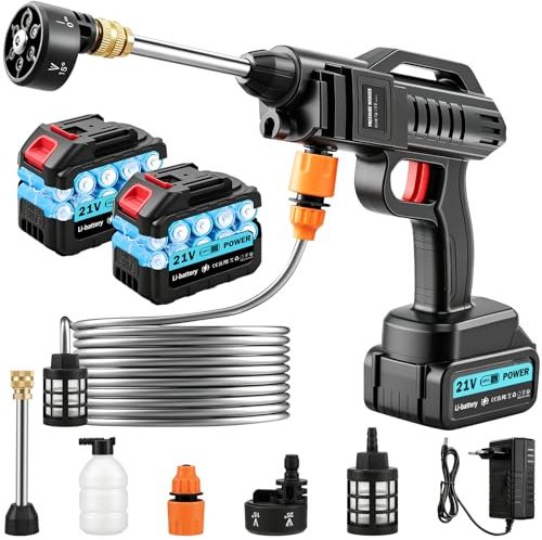 RugoTech Limpiador de alta presión con batería 100 bar – Limpiador de presión portátil con batería de 21V, boquilla multifunción 6-en-1, 2 baterías de 3000 mAh y manguera de 5 m. Perfecto para el