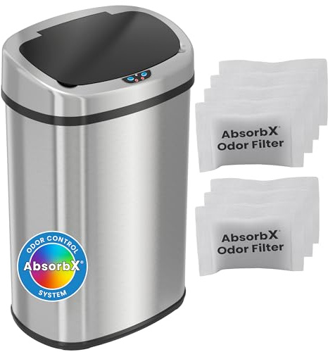 iTouchless Automatic Oval Trash Can with 7 Odor Filters, Big Lid Opening Touchless Sensor Kitchen Trash Bin, 13 Gallon, Stainless Steel