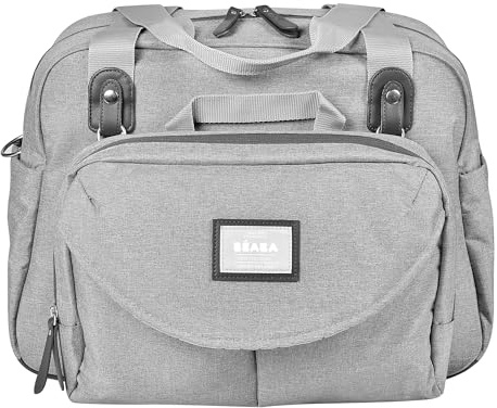 BÉABA, Sac à Langer Genève II, Modulable, Grande contenance, Rangements multiples, Pochette avant amovible, Matelas à langer, Pochette repas isotherme, Système attache poussettes, Gris chiné