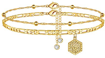Pulseras de tobillo para mujer, tobilleras con inicial, relleno de oro de 14 quilates, cadena de fígaro, tobilleras con inicial para mujer, pulseras de tobillo con capas hechas a mano para mujer,