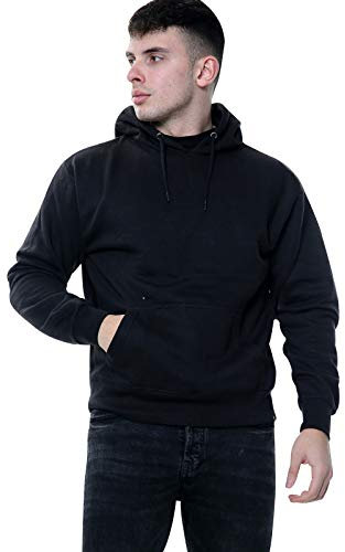 True Face Mens Hoodie Pullover Fleece Classic Hooded Top Plain Ribbed Cuff Long Sleeve Sweatshirt Pull Over Jumper Hoody Top Black L