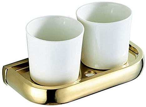 ALYHYB Portaspazzolino Doppio Set Portabicchieri a Parete con Due Bicchieri in Ceramica Bianca (Accessori da Bagno Dorati)