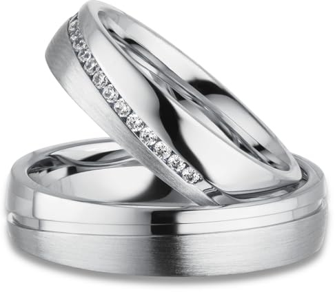 Kolibri Rings Eheringe Silber 925 rhodiniert mit 15 Zirkonia Steine in Kanalfassung Paarpreis | Made in Germany mitGratis Gravur und Etui, 5 mm Breite