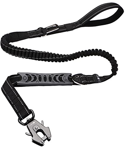 LIIIIIIKES Heavy Duty Adjustable Dog Leash with Car Seat Belt, 4-5FT Power Stretch, Tactical Load Bearing Connector Quick Release/Clamp (Black)