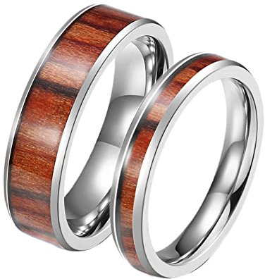 Beydodo Anillo Hombre Anillo Mujer,Anillos de Acero Inoxidable Anillo 4/6mm Anillo Plata Marrón con Grano de Madera Anillo Mujer 12(52mm) + Hombre 25(65mm)