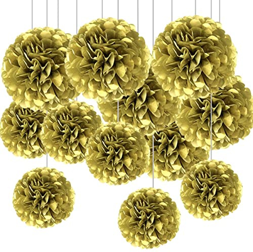 CC wonderland zone 12 Stück Gold Seidenpapier Pompons,Papier Pom Poms Seidenpompons für Party Deko