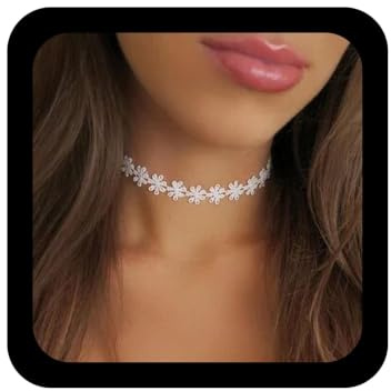 Yheakne Boho Blume Spitze Choker Halskette Weiße Spitze Tattoo Choker Halskette Gänseblümchen Blume Schlüsselbein Halskette Retro 90er Jahre Halskette Kettenschmuck Für Frauen Und Mädchen (weiß)