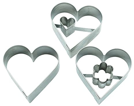 BekkiB 7791-3er Ausstecher-Set Herz - Ausstechformen Herz und 2 Linzer Ausstecher mit Blume & kleinem Innenherz - Plätzchen für Hochzeit uvm.