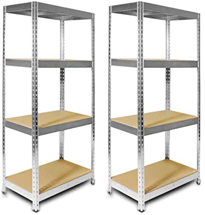 RBUK Pack of 2 RB BOSS FastLok Garage Shelving Units 145cm x 75cm x 30cm Galvanised Steel Storage Racking with MDF Shelves, 4 Tier, 75kg Load Per Shelf for Shed, Workshop, Garage & Home