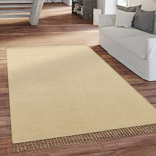 Paco Home Tappeto Salotto Trama Piatta Con Frange Tessuto A Mano Monocolore, Dimensione:80x150 cm, Colore:Crema