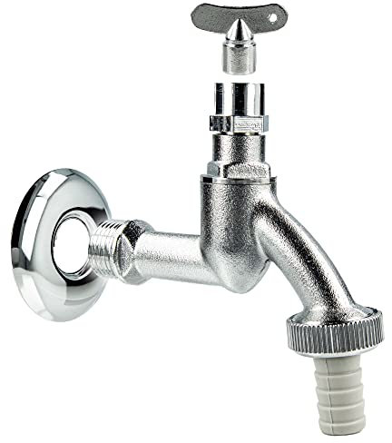 tecuro Auslaufventil 1/2 Zoll, Steckschlüssel-Oberteil, Schlauchtülle, Wandrosette, Dichtband, MS mattverchromt - 22812SWD