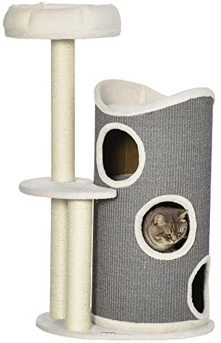 PawHut Kratzbaum 109 cm Katzenturm mit Kratztonne, Katzenbett, Sisalstämme, mehrstöckiger Katzenkratzbaum, Kletterbaum, für Katzen unter 5 kg, Weiß+Grau