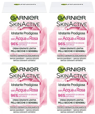 GARNIER SkinActive Crema Viso Idratante Prodigiosa Acqua di Rosa Azione Lenitiva Pelli Secche o Sensibili Formula Dermatologicamente Testata Ingredienti 96% di Origine Naturale-4 Barattoli da 50ml