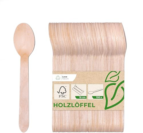 Love Nature Einwegbesteck Holzlöffel 100 Stück - Einweglöffel Birkenholz | Einweg Besteck Holz Löffel Umweltfreundlich