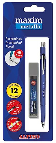 Alpino Maxim Metalix Druckbleistift, nachfüllbar, 2 mm, mit Metallkörper und Spitzminen, Blister mit 12 kostenlosen HB-Minen, verschiedene Metallic-Farben