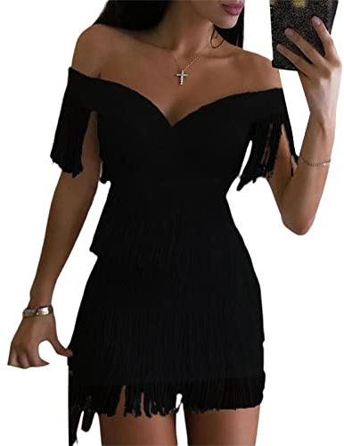 PDYLZWZY Mujeres fuera del hombro capas vestido bodycon con flecos profundo escote V Cami Mini vestido sin mangas borlas Flapper Vestidos