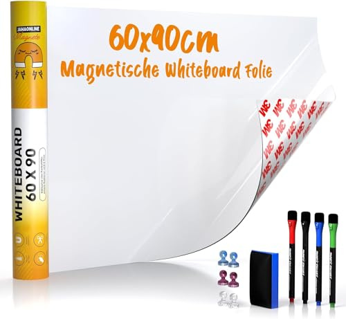 Whiteboard Folie 60x90cm - 3M Magnetfolie selbstklebend - Magnetische Tafelfolie abwischbar - Praktische Ferrofolie Weiß - Whiteboardfolie inkl. 4 Marker, Radiergummi und 6 Pins