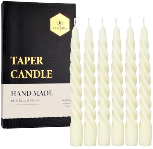 Natural Beeswax Spiral Taper Candles, Pack of 6, 7 Inch Tall- Off White