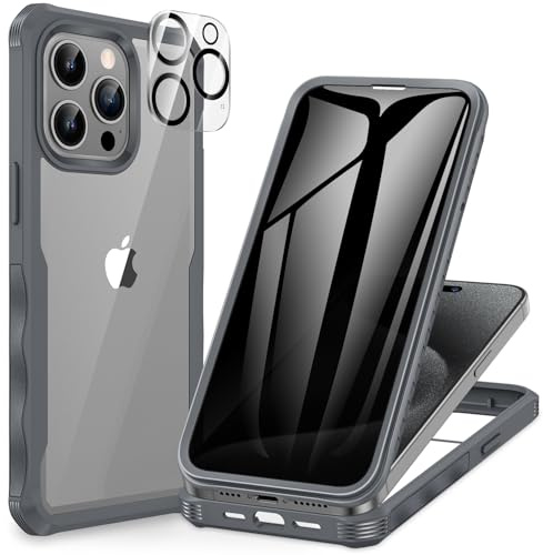 CENHUFO Sichtschutz Hülle für iPhone 15 Pro Max, mit Eingebautem Privacy Panzerglas Displayschutz und Kameraschutzfolie 360 Grad Handyhülle Schutzhülle Stoßfest Bumper Anti Spy Cover Case - Grau