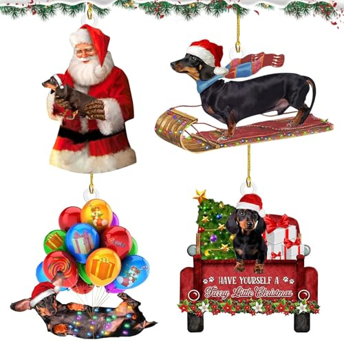 Weihnachtsbaumschmuck, Christbaumschmuck, 4 Stück Dackel Weihnachtsanhänger mit Doppelseitiger, Dackel Hängender Acryl, Weihnachtsdeko zum Aufhängen, Weihnachtsdekoration, Weihnachten Ornamente