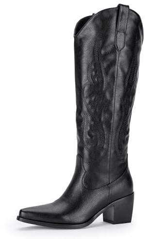 MIRAAZZURRA Cowboy Stiefel Damen Westernstiefel Spitze Zehe Stickerei Cowgirl Stiefel Block Weitschaftstiefel Kniehohe Boots Schwarz EU 41