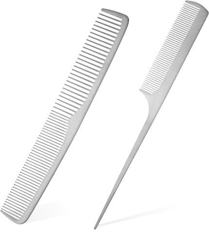 Tyqour 2 pettini da parrucchiere in acciaio inox professionale da parrucchiere, pettine antistatico, pettine per capelli argentato, pettine da salone per uomo e donna