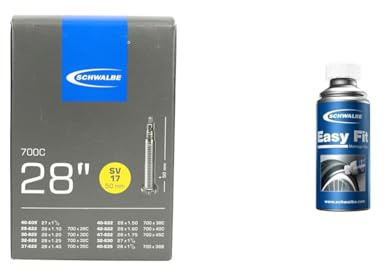 Schwalbe Unisex – Erwachsene Fahrradschlauch SV17 28/47-622/635 EK 50 mm Schlauch, Sclaverantventi, 28 & Easy Fit-Montage-Fluid 50 ml Fahrradzubehör, blau