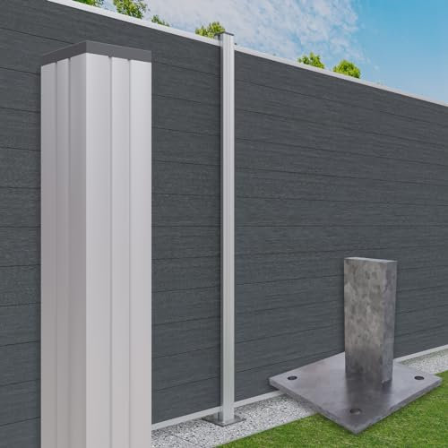 HEXIM Gartenzaun WPC, Alu Pfosten 180x180cm Steckzaun grau & anthrazit, Sichtschutz Windschutz Zaun Lamellenzaun (Pfosten 180cm zum aufschrauben hell eloxiert inkl. Pfostenkappe)
