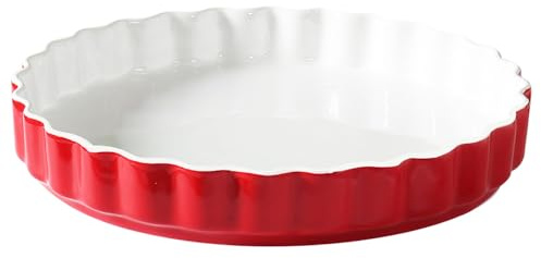 TAMUME Porzellan-Backform, extra groß, 28 cm Durchmesser, mit elegantem geriffeltem Rand, für Torten, außen rot