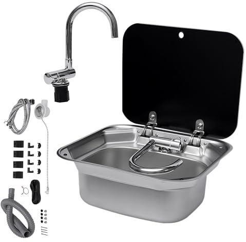 Bokknppo Bokknppo Stainless Steel RV Sink with Folded Faucet,Drop-in Hand Wash Basin for Camper Van, Trailer, Boat, Outdoor Kitchen Bar Sink, Tempered Glass Lid Included,16.14x14.37x6.3in