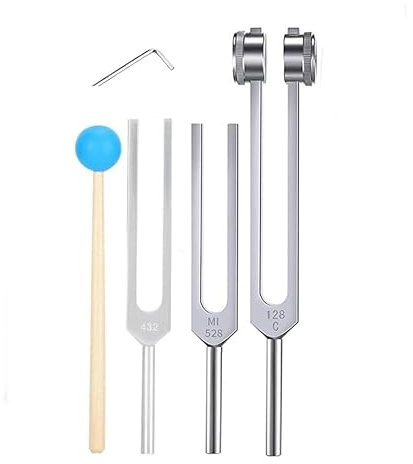 Stimmgabel mit Schlägel, 128 Hz, 432 Hz oder 528 Hz, Meditation, Stressabbau, Chakra und Energieheilung, 3 Stück (528 Hz, 128 Hz, 432 Hz))