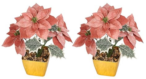 JYCRA 2 Stück Weihnachtsstern-Pflanze aus Seide, Weihnachtsdekoration, Glitzernde Weihnachtsstern-Blumen, Topfpflanze, Künstliche Weihnachtsstern-Blumen Im Topf mit Lichtern für den (D)