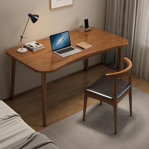 Mid Century Moderner Schreibtisch aus Holz, minimalistischer Computertisch für H-Büro, kleine Räume, Schreibtisch mit gebogener Oberseite, 100 x 60 x 75 cm, Walnussholz-Finish