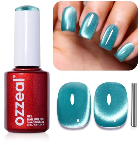 Ozzeal Cat Eye UV Gel Nagellack, 15ML Türkis Blau Magnetischer Katzenauge UV Nagellack Frühling Sommer Glitter Gel Nagellack Holographisch Shimmer Gel Nail Polish Soak Off UV Led