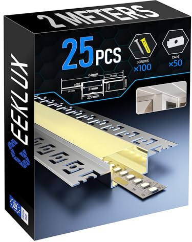 GEEKLUX LED Trockenbauprofil 25 x 2m und Led Profil Unterputz, Led Schiene aus Eloxiertem Aluminium, Led Strip Kanal für Streifen bis 20mm, Indirekte Beleuchtung Decke