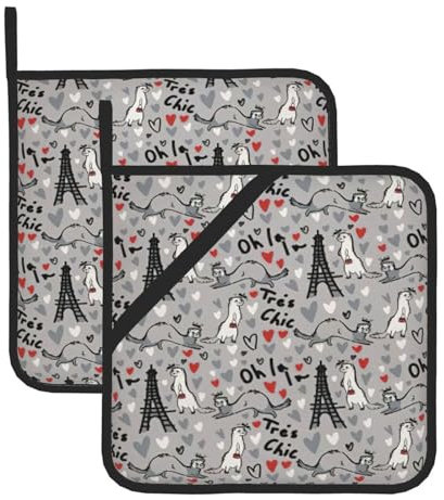 2 presine da cucina con stampa di furetti alla moda francese, 20,3 x 20,3 cm, per grigliare, maneggiare padelle calde