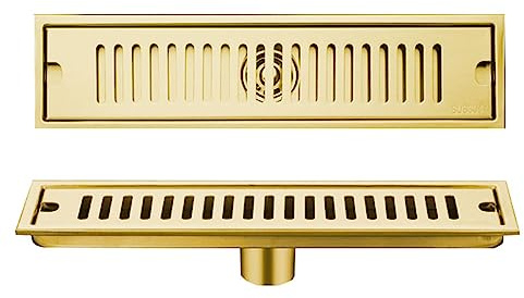 Desagüe de ducha lineal dorado con rejilla con patrón de ladrillo, desagüe de piso lineal de acero inoxidable, desagüe de piso de ducha rectangular, escurridor de piso con colador de pelo para co