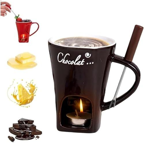 GZWY Schokofondue Tasse, Keramik Schokoladenfondue Tasse, Becher zum Schmelzen von Schokolade, Mehrzweck Chocolate Fondue Set mit Gabel und Teelicht für Käse,Schokolade,Butter und Karamell (B)