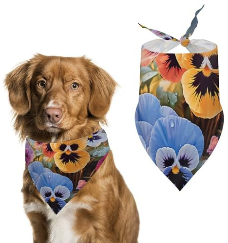 Hundehalstuch mit Stiefmütterchen-Motiv, dreieckig, waschbar, Polyester, niedliches Haustier-Bandana für mittelgroße und große Hunde, Welpen und Katzen