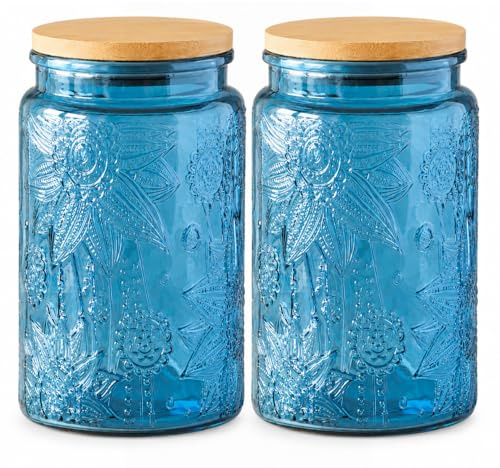 ANSQU Blue Glass Jars, 1000ml Vintage Glass Kitchen Storage Counter Jar, Candy Jars with Lids, Decorative Mason Jars Hold Coffee Beans, Tea, Cookie, Sugar, Bath Salts (Blue, 2 Pack) | Vintage Glass Kitchen Storage Counter Jars, Candy Jars with Lids, Decorative Mason Jars