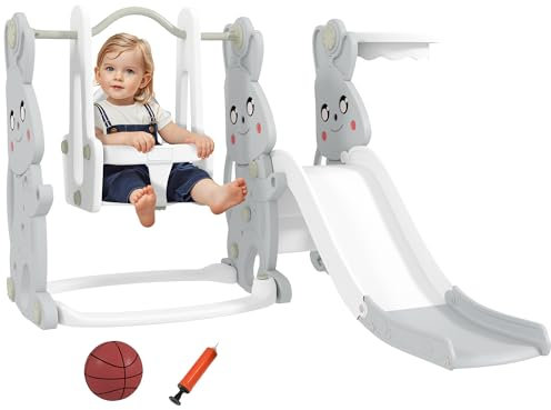 AIYAPLAY Rutsche 4-in-1 Kinderrutsche mit Schaukel, Klettergerüst, Basketballkorb, Kinder Spielplatz mit Hasendesign Kleinkinderrutsche für Indoor und Outdoor Kinder von 1,5-4 Jahren Grau