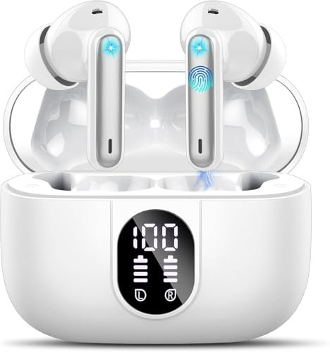Wireless Earbuds, Bluetooth 5.3 Headphones In Ear with 4 ENC Noise Cancelling Mic, 40H Playtime Bluetooth Earphones, Mini Deep Bass Stereo Ear Buds, IP7 Waterproof Wireless Headphones, LED Display
