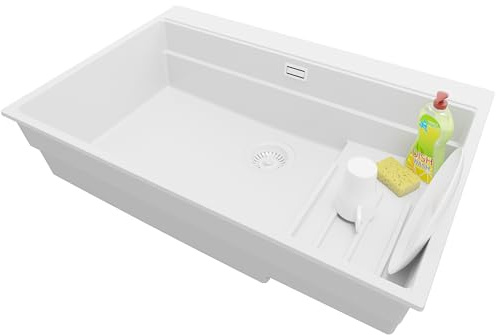 PRIMAGRAN Lavello da Cucina Tutto Bianco 78x53cm, Lavandino in Granito a 1 vasca + Sifone Classico, Lavabo Incasso al mobile 80cm - Oslo Max S098
