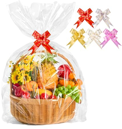 Vortify 5 Stück Valentinstag Extra Groß Geschenkfolie Transparent Cellophantüten, 75 x 100 cm Durchsichtige Zellophantüten mit 5 Zugschleifen Klar Tüten Verpackung für Geschenkkörbe Bastel Blumenopfer