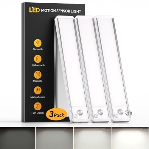 Under Cabinet Kitchen Lights 3 Pack - 6000K LED Motion Sensor Lights Indoor, 1100mAh Rechargeable Light, Dimmable & Magnetic Wireless Under Counter Lights for Cupboard|Shelf|Wardrobe|Stairs, 20CM