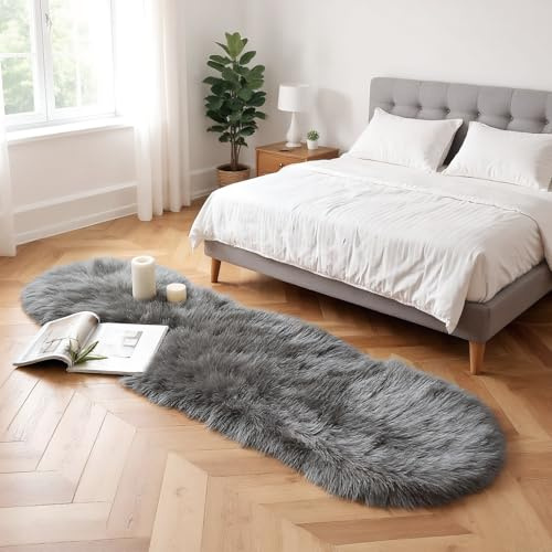 JXLOULAN Faux Lammfell Schaffell Teppich Dunkelgrau 60x160 cm, Longhair Flauschiger Teppiche Wohnzimmer Deko Weicher Fell Carpet für Stühle Sofa Schlafzimmer Kinderzimmer