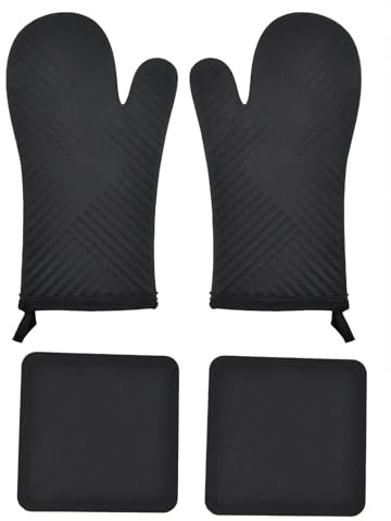 Culinavog Lot de 4 Maniques de Cuisine en Silicone, Gant Cuisine Four, Doublure Intérieure en Tissu Eponge, Double Résistance à la Chaleur pour Cuisson, Pâtisserie, Barbecue, 2 Antidérapantes Manique